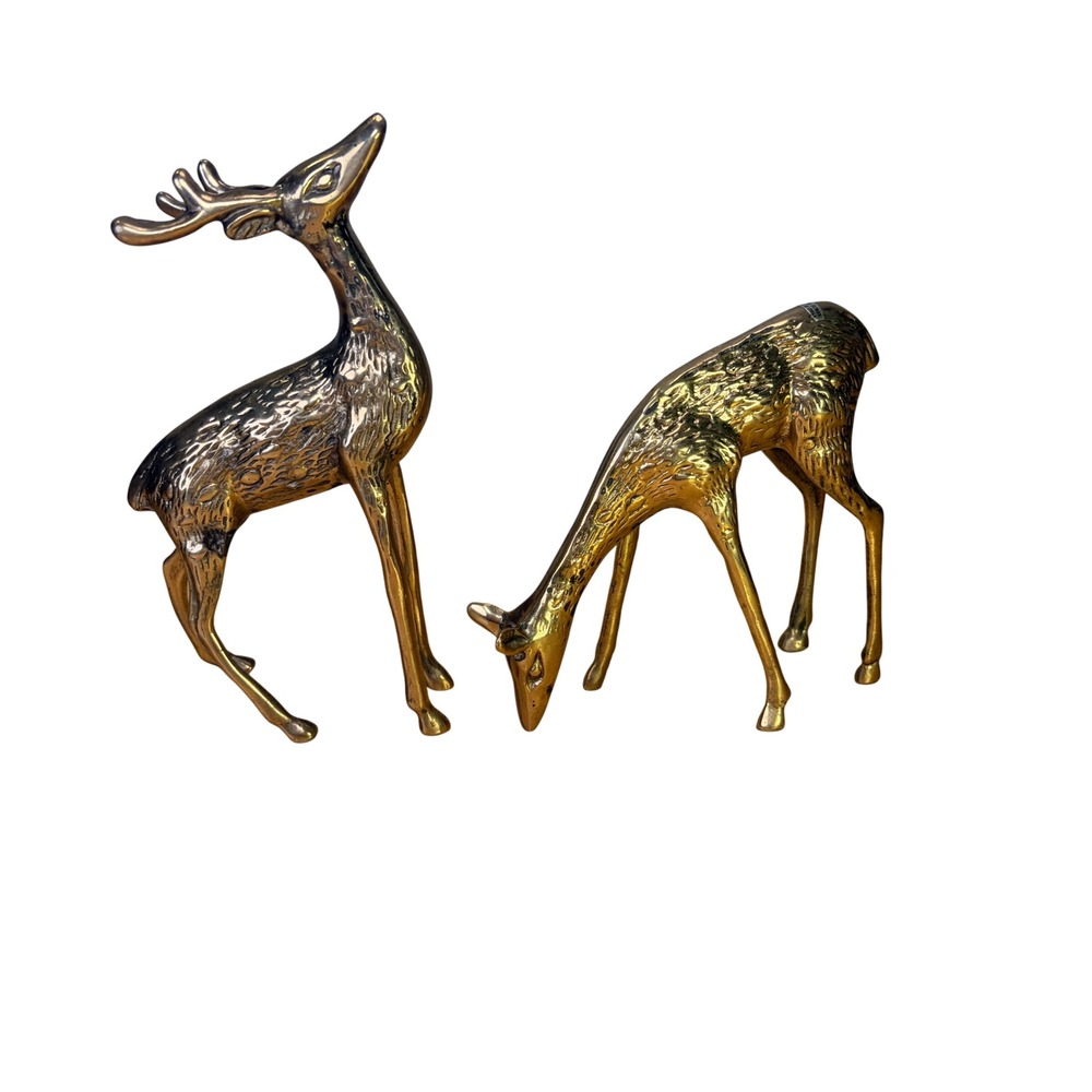 VTG Solid Brass Deer Reindeer Figurines Set 2 Buck Doe Taiwan MCM Holiday Decor
